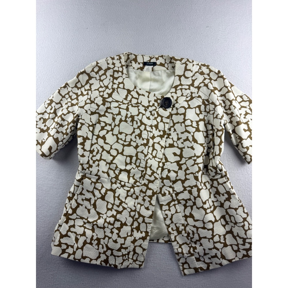 J.Crew Women's Brown White Abstract Animal Print Short Sleeve Cotton Jacket Sz 2